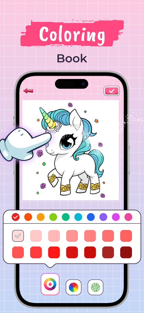 Ar Drawing: Paint & Sketch Art - Una interfaz de aplicación móvil que muestra una función de libro para colorear con un unicornio de dibujos animados y una paleta de selección de colores.