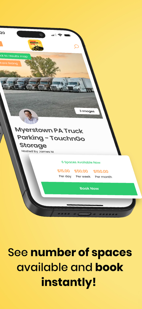Mobile app interface of Truck Parking Club showing a parking listing with available spots and a book now button
