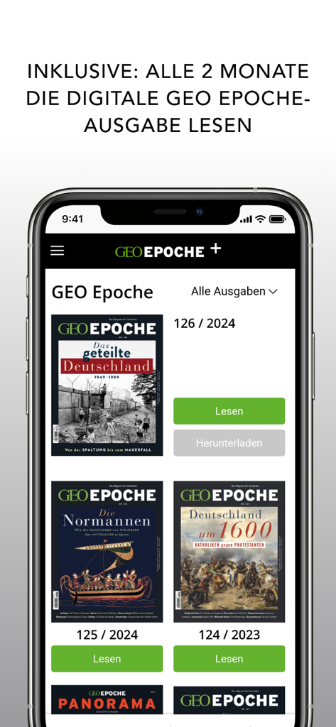 GEO EPOCHE history magazine app interface showing digital issues and download options
