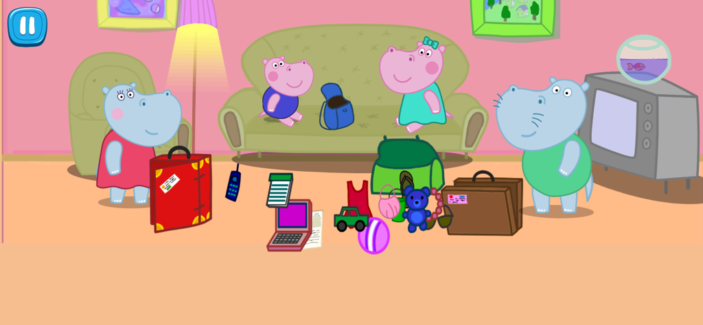 여행을 위해 거실에서 여행 가방과 장난감을 챙기고 있는 히포 가족