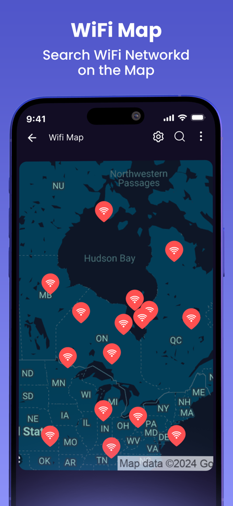 Internet Speed Test App - Mobile screen showing the WiFi Map feature with network location pins on a map of North America.