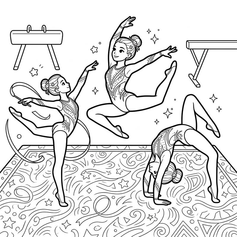 Capture the elegance and power of gymnastics with this captivating coloring template. Featuring floor exercise champions in action, it's an inspiring way to celebrate athletic grace.