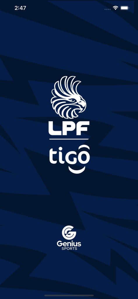 Liga Panameña de Fútbol - Pantalla de inicio oficial de la aplicación Liga Panameña de Fútbol con los logotipos de LPF, Tigo y Genius Sports