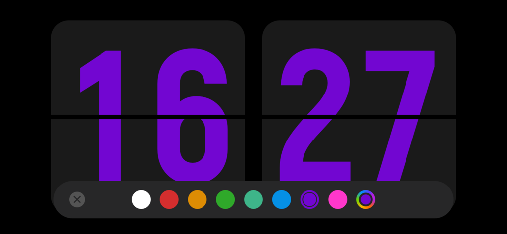 Flip clock - no ads - Horloge à bascule numérique minimaliste avec des chiffres violets et un menu de sélection de couleurs.