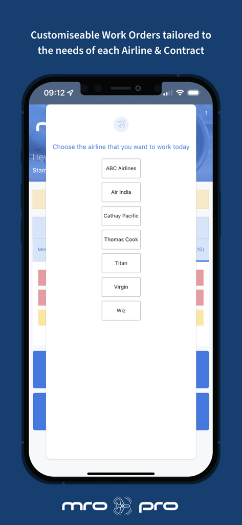 MRO-PRO - MRO-PRO mobile interface for choosing an airline to start a maintenance work order