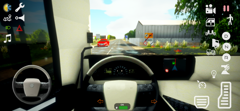 Truck Simulator Driving Euro - Vista interior de cabina en primera persona de un camión conduciendo por una carretera con controles del salpicadero