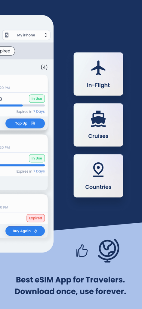 GigSky app interface displaying travel data options for in-flight cruise ships and various countries