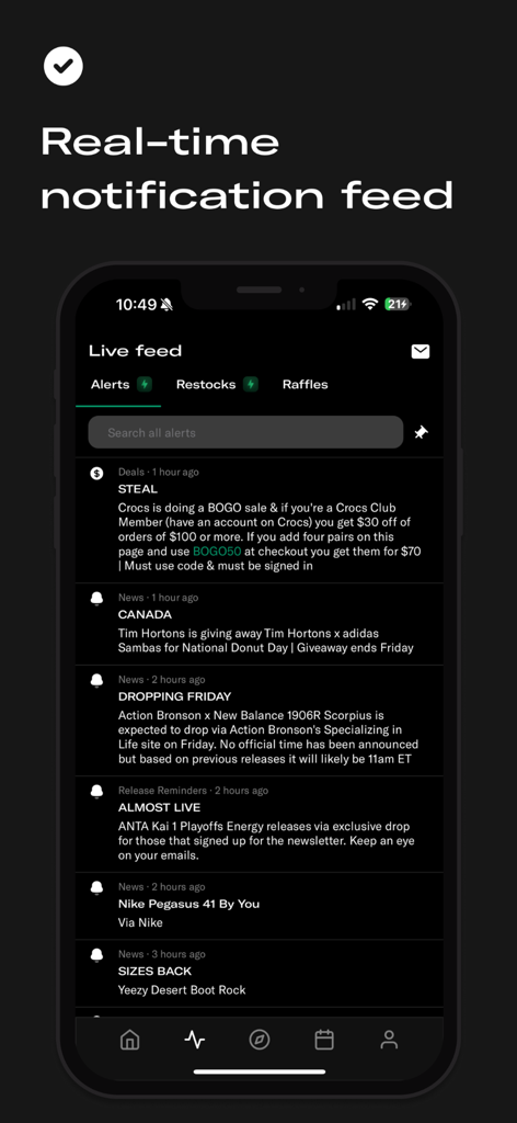 Sole Retriever mobile app showing a live feed of sneaker alerts, restocks, and raffle notifications.