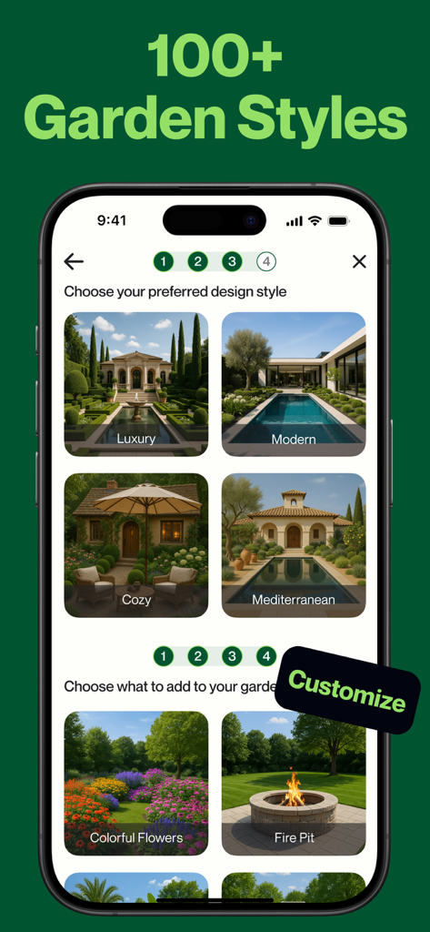 AI Garden Design: Landscape AI - Eine mobile App-Oberfläche, die verschiedene Gartendesignstile und Landschaftsmerkmale anzeigt.