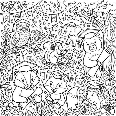 Join a charming cast of forest animals as they celebrate their big graduation day, complete with caps and diplomas. This heartwarming scene is packed with delightful details perfect for all ages to enjoy coloring.