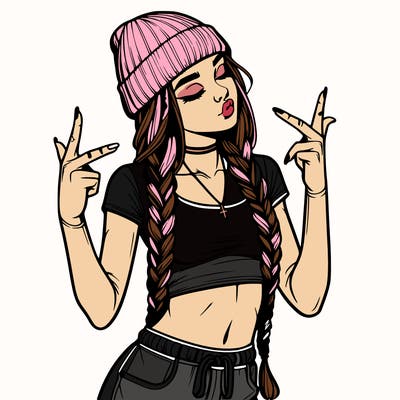 realistic teenage girl with braids and a beanie and crop top doing 🫶🏼