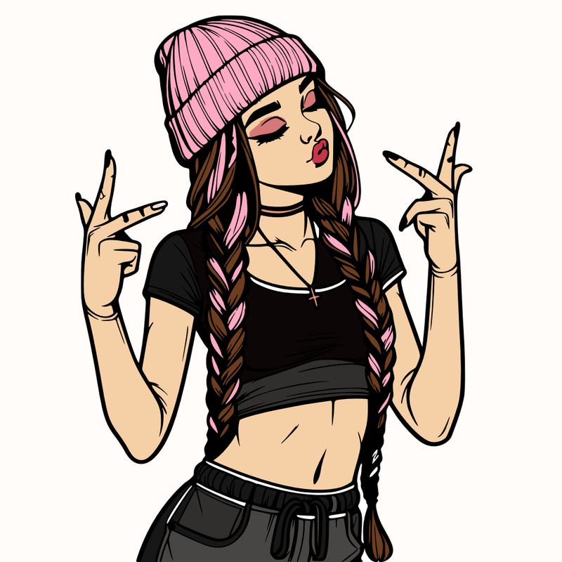 realistic teenage girl with braids and a beanie and crop top doing 🫶🏼