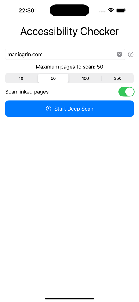 Accessibility Checker app interface showing deep scan configuration options
