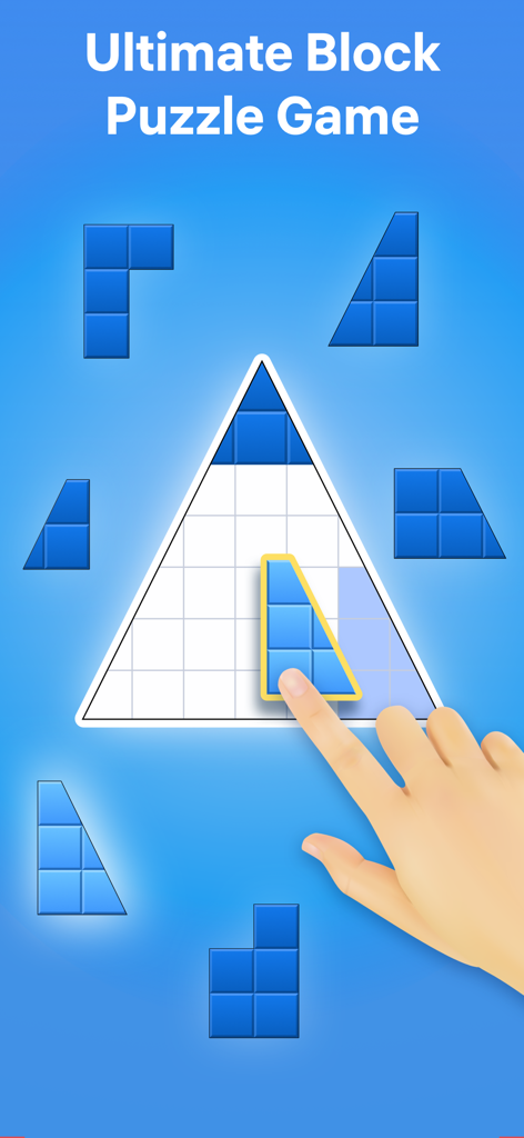 Una mano colocando bloques geométricos azules en una cuadrícula triangular en el juego de puzzle Blockudoku.