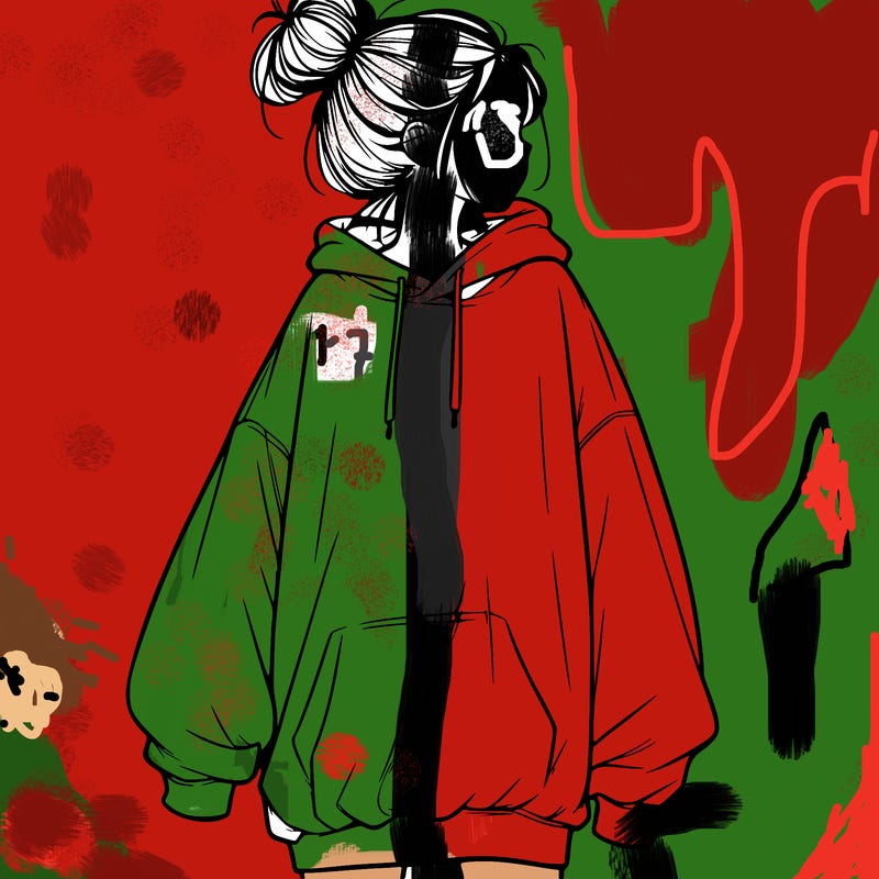 realistic girl with a oversized sweatshirt on and a bun