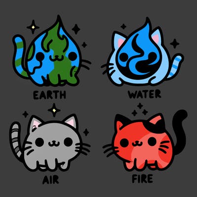 4 cats that represent the different elements, earth, water, air, and fire