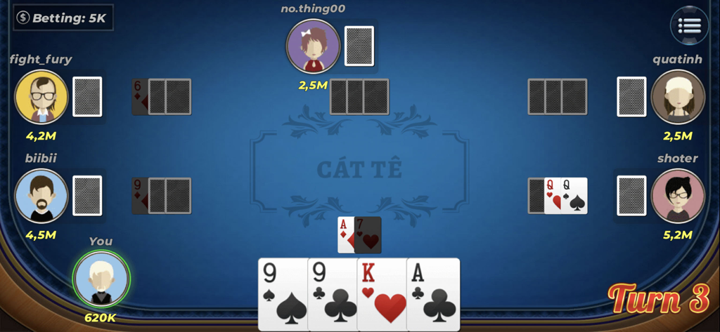 Interface of the Catte Offline card game showing a digital table with six players and betting amounts