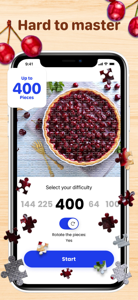 Jigsaw-Puzzle Pop - Difficulty selection screen in Jigsaw-Puzzle Pop app showing a cherry pie puzzle with 400 pieces option.
