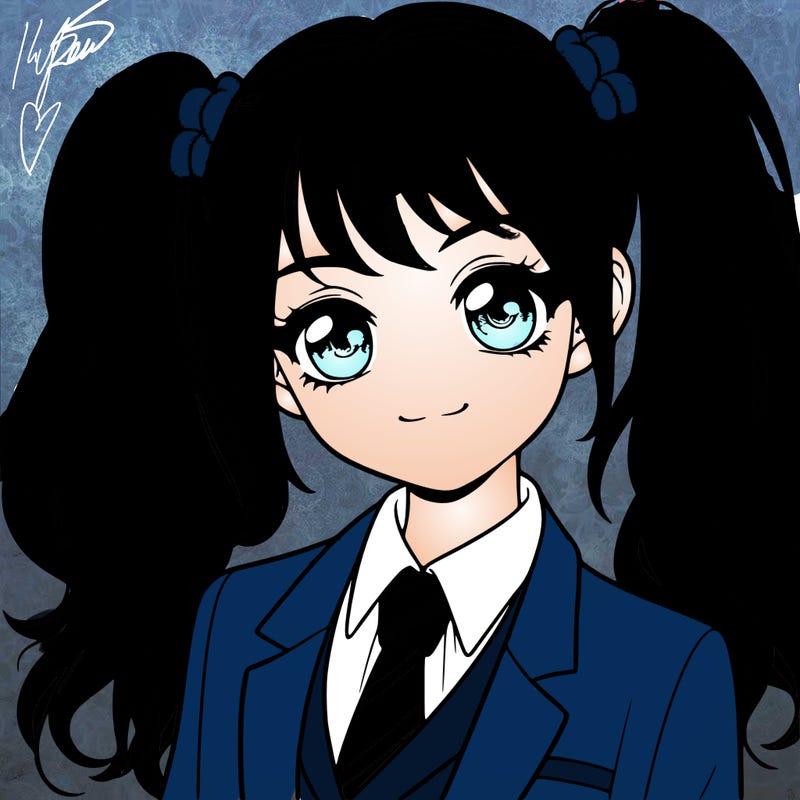 realistic girl with two ponytails and a suit on