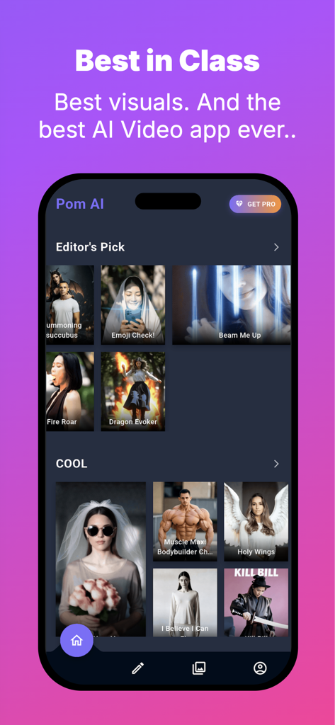 Pom AIアプリのホーム画面。絵文字チェックやドラゴンエボーカーのような様々なクリエイティブなAI動画テンプレートと、編集者のおすすめが表示されています。