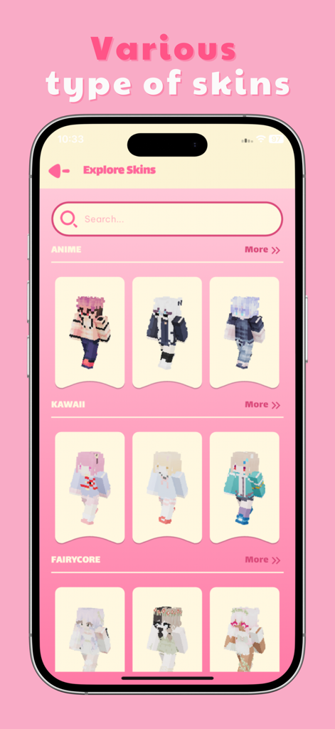 Skins for Minecraft: Skin Pack - Pantalla de aplicación móvil que muestra varias categorías de skins de Minecraft, incluidos estilos Anime Kawaii y Fairycore