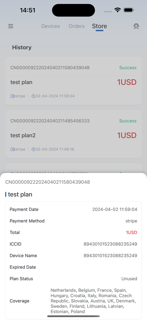 TOPSIM - TOPSIM app interface displaying transaction history and specific eSIM data plan details including European country coverage