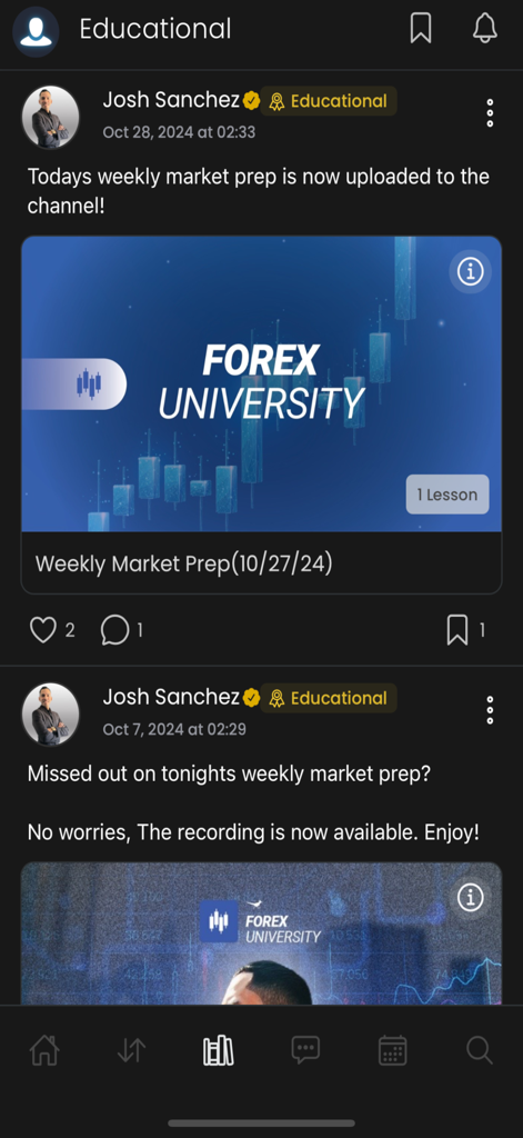 JIFU Connect - Feed social en la aplicación JIFU Connect mostrando lecciones de la Universidad de Forex y actualizaciones de preparación semanal del mercado de un educador