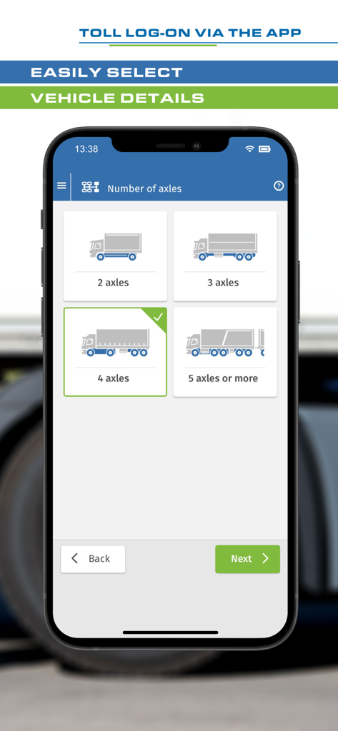Selection of truck axle numbers in the Toll Collect mobile app