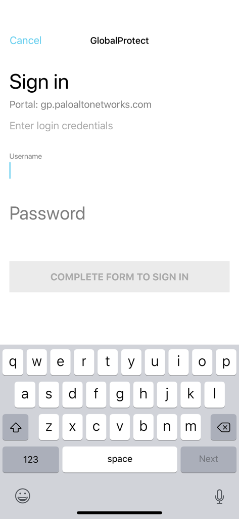 Tela de login do aplicativo móvel GlobalProtect