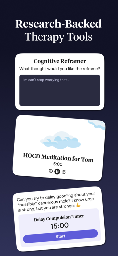 Choiceful: OCD Treatment App - Choiceful app screenshot showing research-backed therapy tools like cognitive reframer and delay compulsion timer