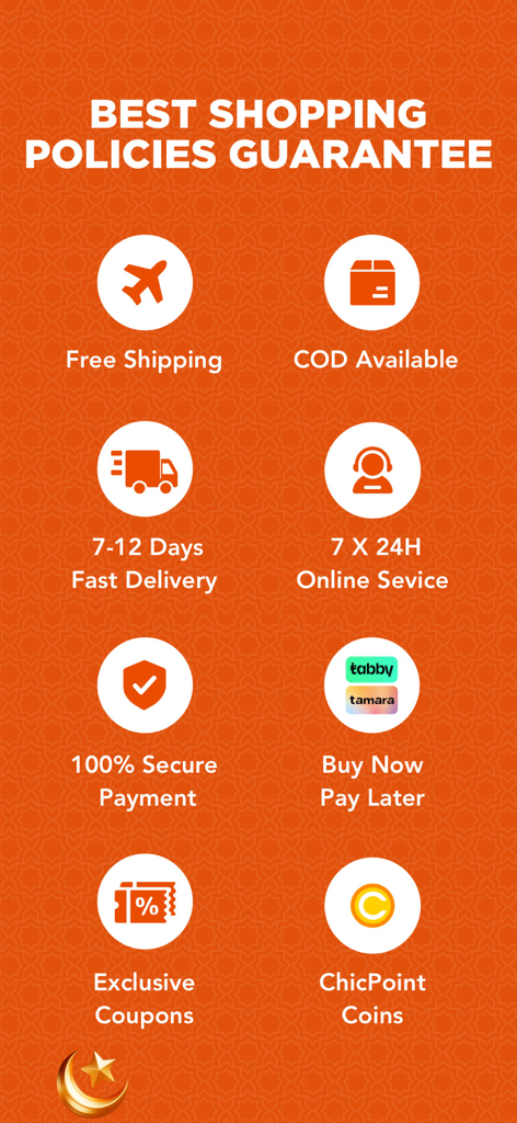 Chicpoint - Fashion shopping - Pantalla de garantía de políticas de compra de ChicPoint que muestra envío gratuito, entrega rápida y pago seguro