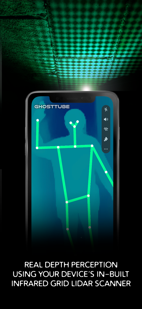 GhostTube SLS Camera - Smartphone screen displaying a humanoid stick figure detected with GhostTube SLS Camera using LiDAR technology.
