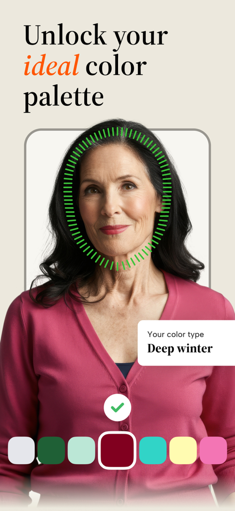 Stylio - Personal AI Stylist - AI-powered color analysis identifying a user as a Deep Winter type in the Stylio app