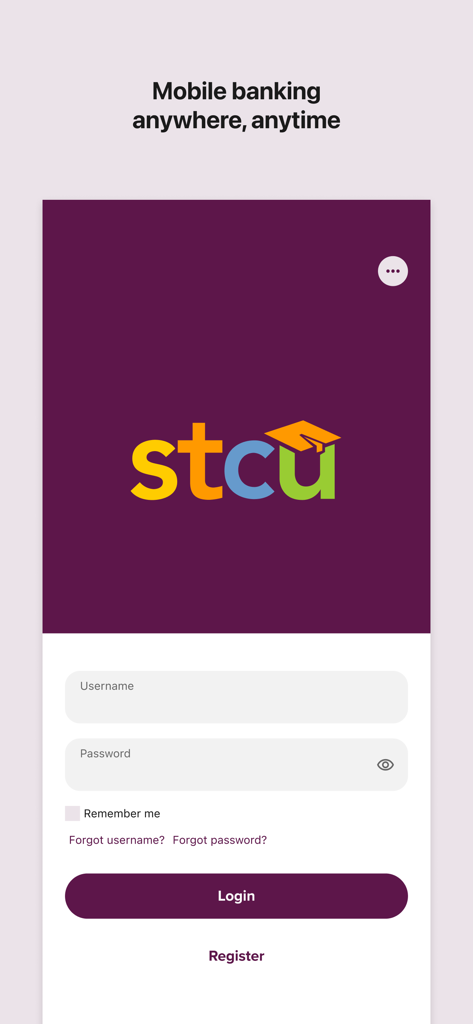 STCU Mobile Banking - Login screen for the STCU Mobile Banking app with fields for username and password