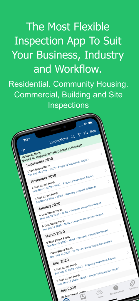 Property Inspection Manager - Property Inspection Manager app showing a list of property reports on an iPhone screen