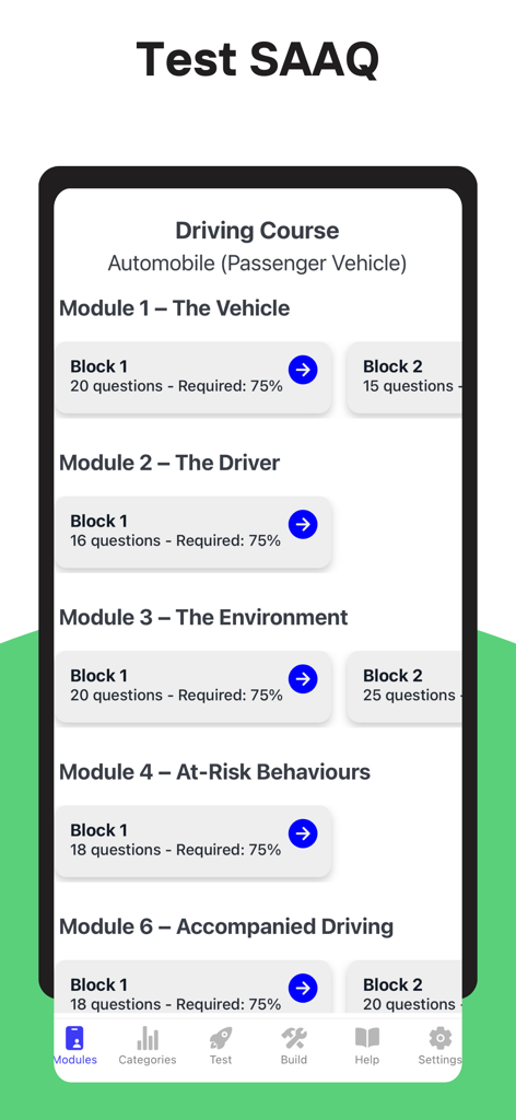 Test SAAQ - Pantalla de la aplicación móvil Test SAAQ que muestra los módulos del curso de conducción para vehículos de pasajeros, incluyendo secciones sobre el vehículo y el conductor.