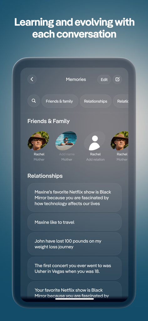 Interfaz de la aplicación Replika que muestra la función de recuerdos donde la IA almacena datos aprendidos sobre el usuario y su círculo social.