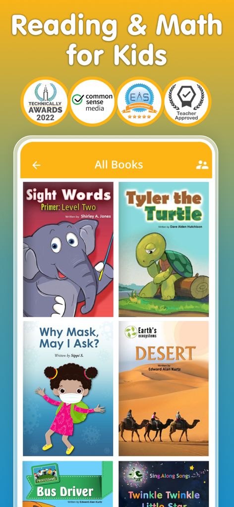 Books For Kids: Reading & Math - Interfaz de biblioteca educativa de la aplicación Libros para Niños que muestra insignias de premios y varios libros infantiles.