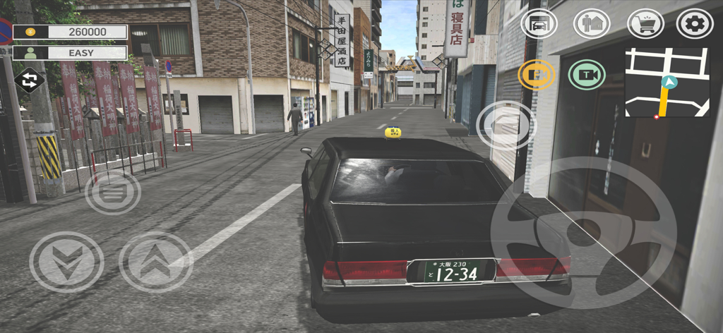 Japan Taxi Simulator : Driving - A black taxi driving through a realistic Japanese street in Osaka with game controls on screen