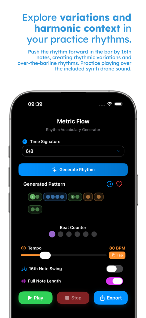 Metric Flow - Interfaz de la aplicación Metric Flow que muestra un patrón de ritmo generado en compás de 6/8 con controles de tempo y swing