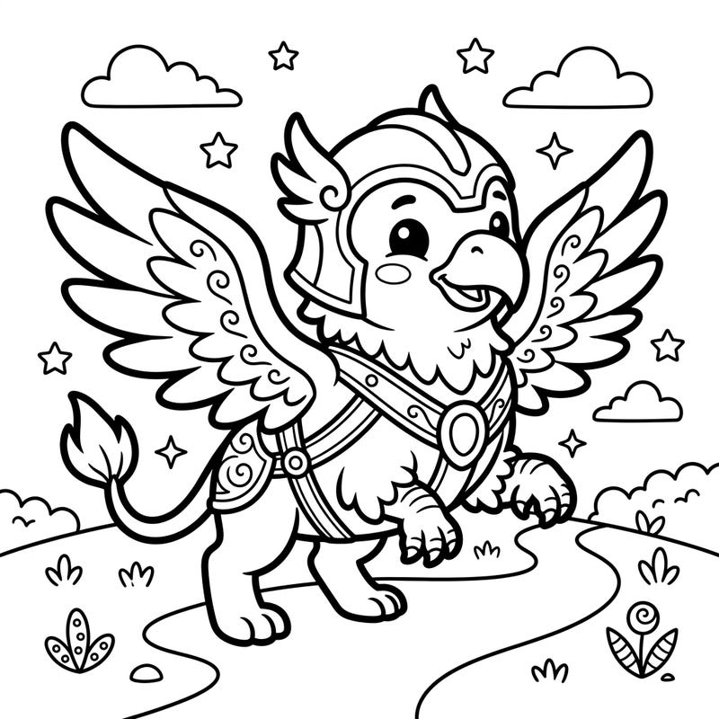 Embark on a mythical adventure with this delightful Kawaii War Griffin coloring page! Perfect for young artists, this design combines cute charm with heroic fantasy for hours of creative fun.