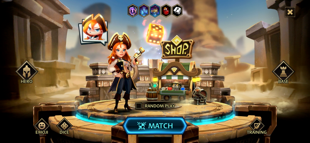 Main lobby screen of Dicast Rules of Chaos featuring a pirate hero and game menu buttons