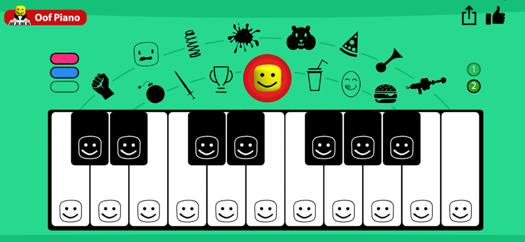 Teclado de piano estilo Roblox con caras oof e iconos de efectos de sonido