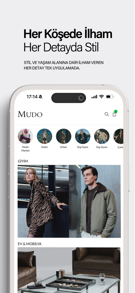 Mudo - Startbildschirm der Mudo Mobile App mit Mode- und Wohnkultur-Kategorien und Lifestyle-Bildern