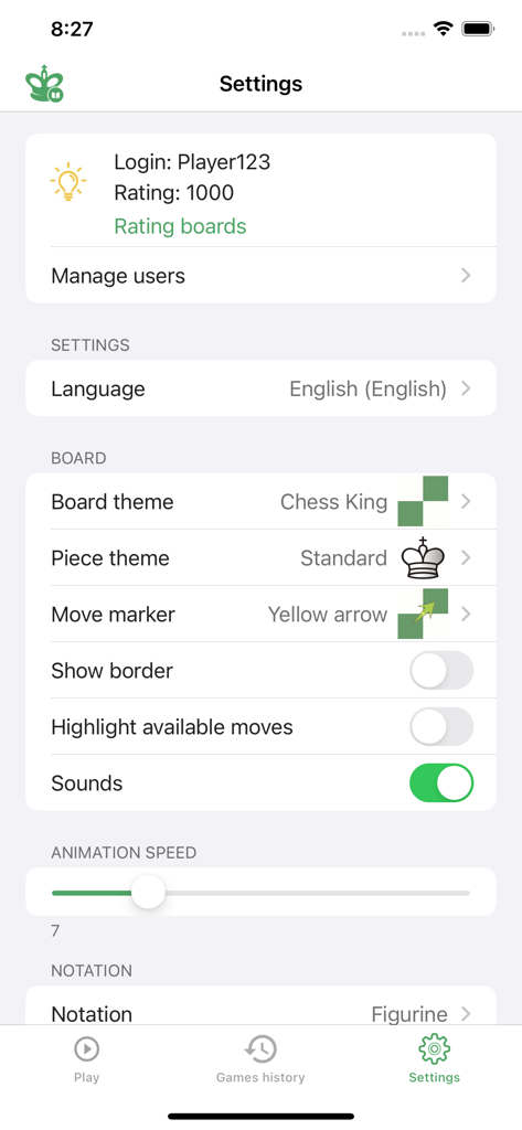 Chess King - Play Online - Chess King app settings screen displaying profile info and board customization options