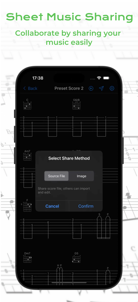 Interfaz de Guitar Creator Pro mostrando opciones para compartir partituras de tablaturas de guitarra.