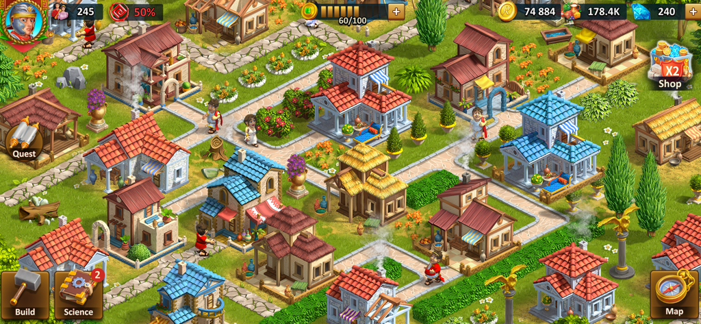 Rise of the Roman Empire: Rome - Vista isométrica de un asentamiento romano en crecimiento con casas y jardines en el juego Rise of the Roman Empire