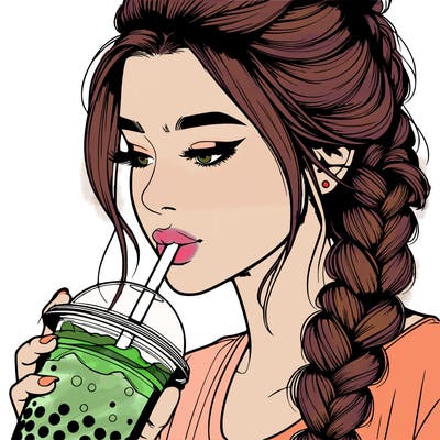 realistic girl drinking boba tea with braided hair
