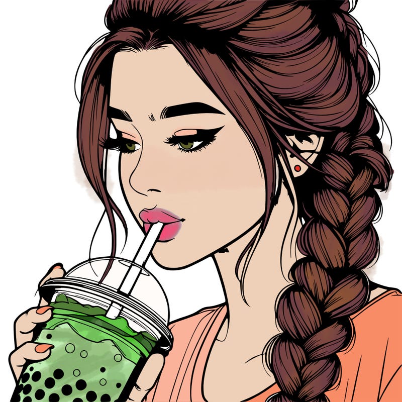 realistic girl drinking boba tea with braided hair