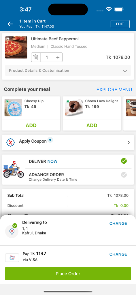 Checkout screen for Dominos Pizza Bangladesh showing a pepperoni pizza order and delivery details in Dhaka